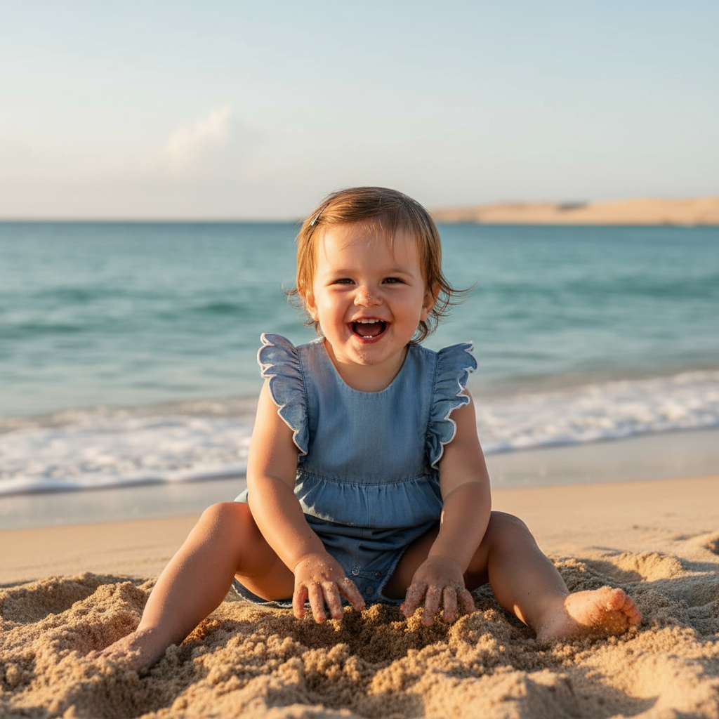 Meisje op het strand in blauwe romper