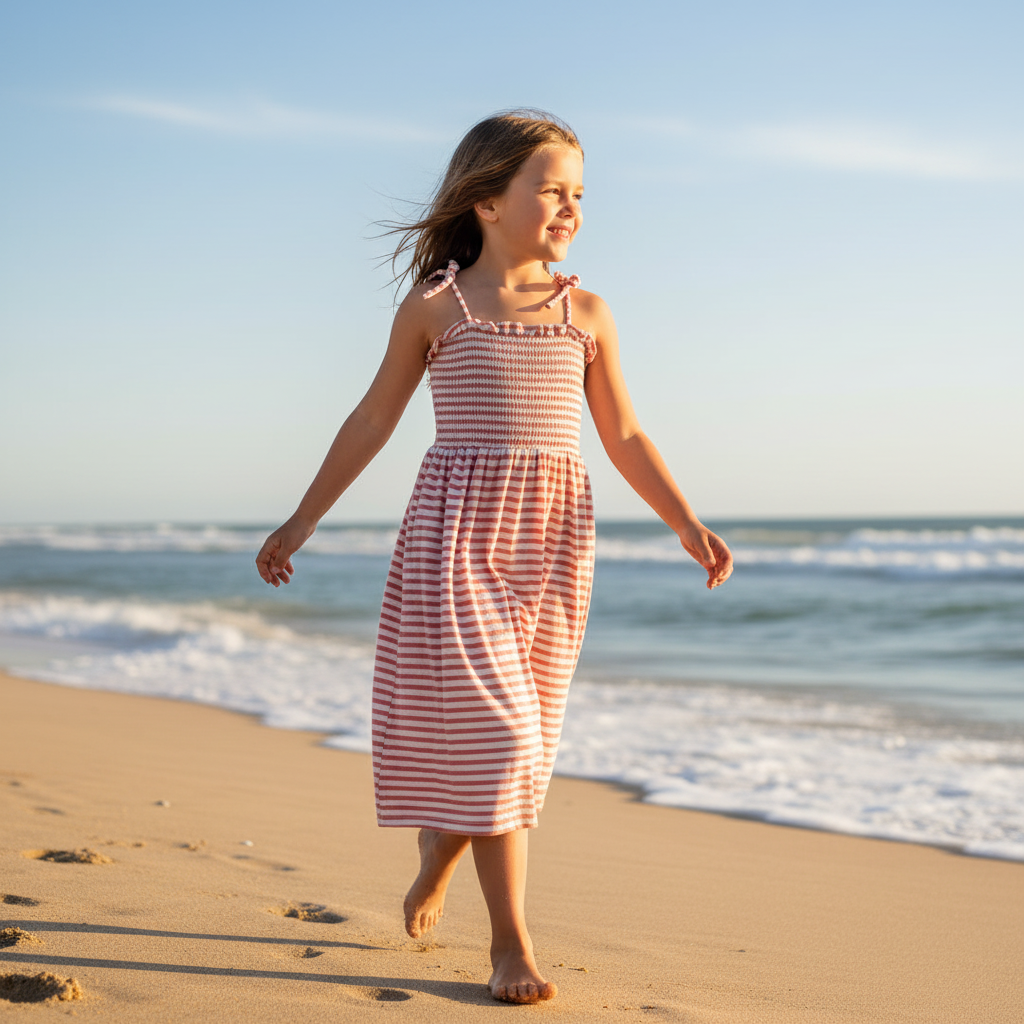 Meisje wandelend op het strand in gestreept jurkje