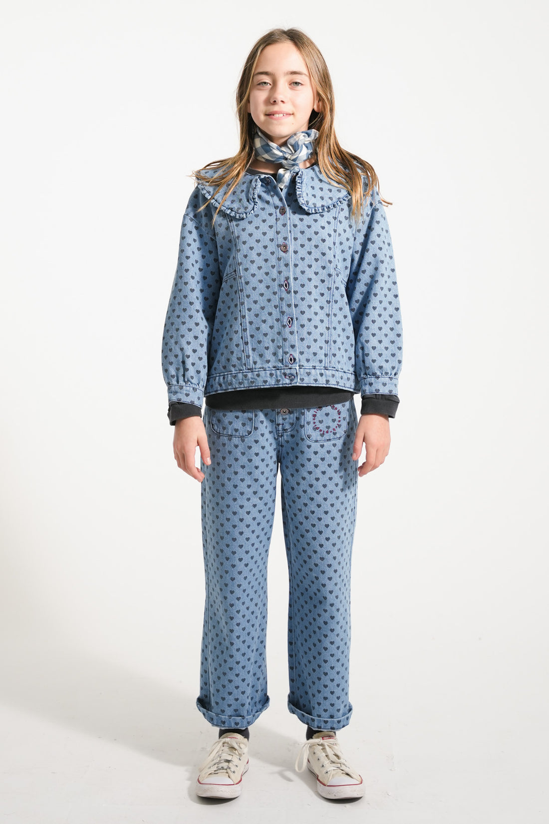 Flare Trousers Washed Blue Denim With Black Hearts