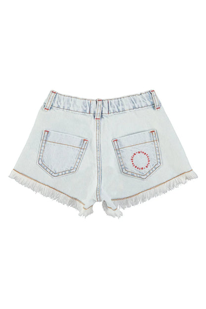 Shorts With Fringes Washed Light Blue Denim - Piupiuchick