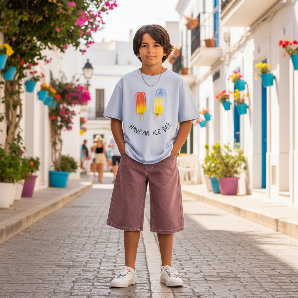 Stoere jongen in Ibiza stad met ijsjes t-shirt en bermuda