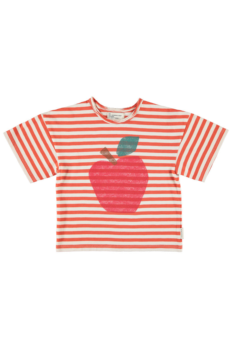 Oversized T-shirt Red Ecru Stripes With Apple Print