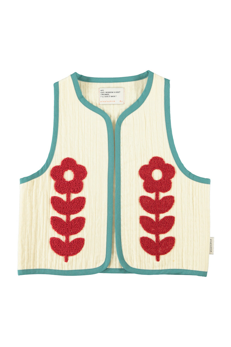 Waistcoat Ecru With Embroidered Red Flowers