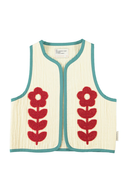 Waistcoat Ecru With Embroidered Red Flowers