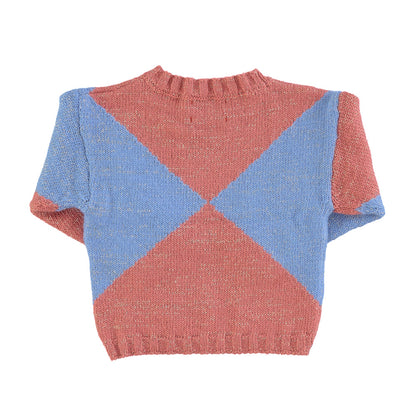 Knitted Sweater Pink &amp; Blue Geometric Intarsia Lurex